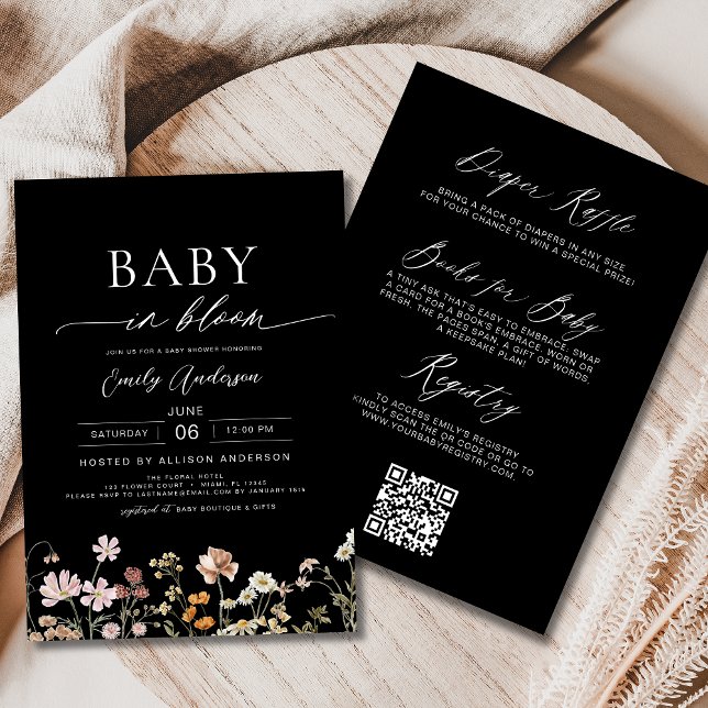 Invitation Fleur sauvage noir QR Code Baby in Bloom Shower (Créateur téléchargé)