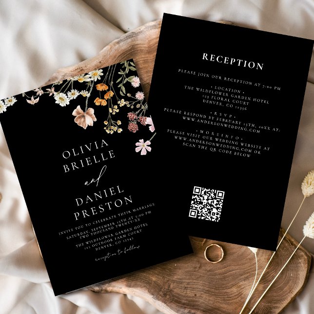 Invitation Fleur sauvage noir tout en un Mariage de code QR (Créateur téléchargé)