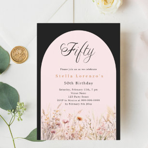 Invitation Fleur sauvage noire rose florale luxe 50e annivers