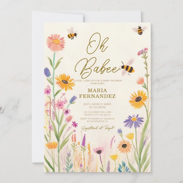 Invitation Fleur sauvage Oh Babee maman to Bee Baby shower (Devant)