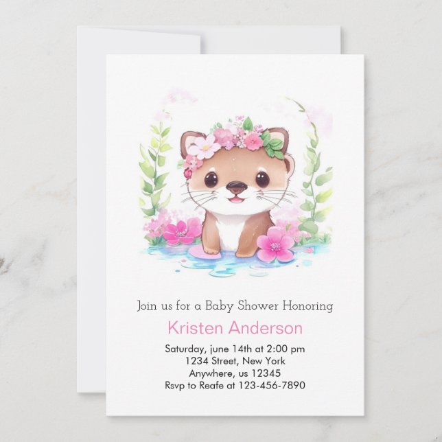 Invitation Fleur sauvage Otter Whimsical Girl Baby shower (Devant)