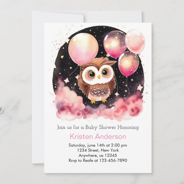 Invitation Fleur sauvage Owl Woodland Dream Girl Baby shower (Devant)