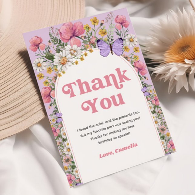 Invitation Fleur Sauvage Papillon Anniversaire Merci (Wildflower Butterfly Birthday Thank You)