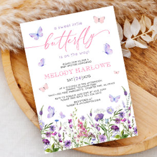 Invitation Fleur sauvage papillon Baby shower rose et violet