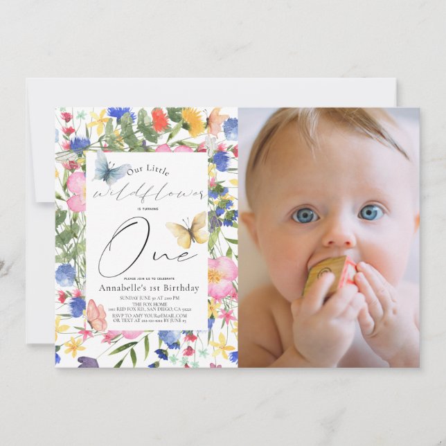 Invitation Fleur sauvage Papillon fille 1er anniversaire Phot (Devant)