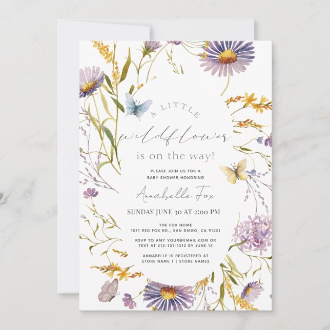 Invitation Fleur sauvage Papillon Purple Girl Baby shower (Devant)