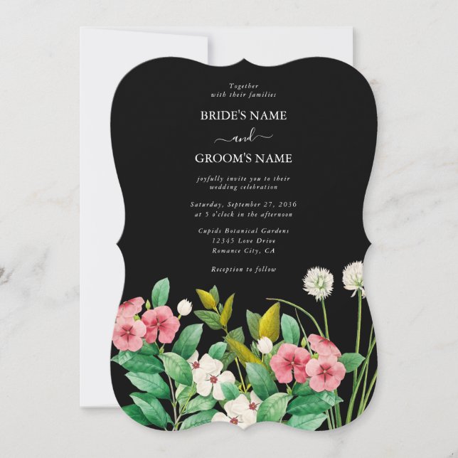 Invitation Fleur sauvage Périwinkle Aquarelle Mariage noir (Devant)
