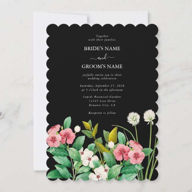 Invitation Fleur sauvage Périwinkle Aquarelle Mariage noir (Devant)