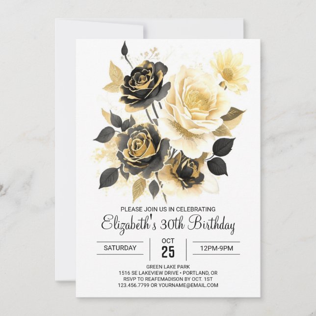 Invitation Fleur sauvage personnalisé Gold et noir 30e annive (Devant)