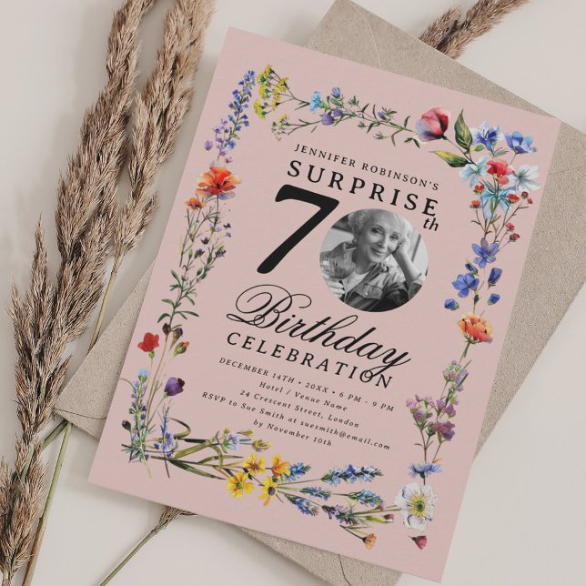 Invitation Fleur sauvage Photo SURPRISE 70e Anniversaire rose (Wildflower Photo SURPRISE 70th Birthday Blush Pink Invitation)