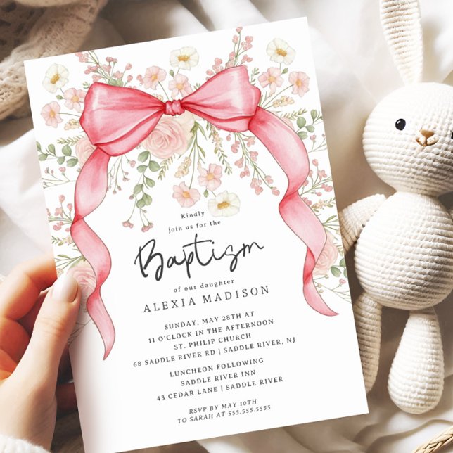 Invitation fleur sauvage Pink Bow Baptism (Créateur téléchargé)