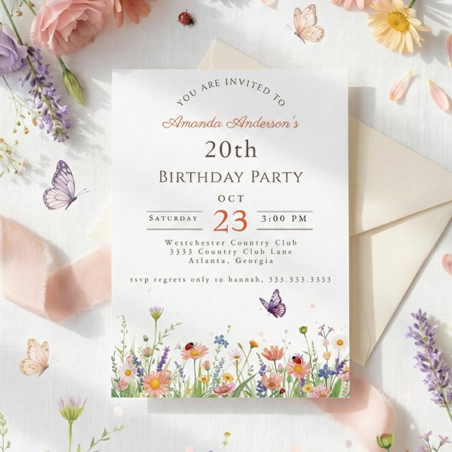 Invitation Fleur sauvage Pink Purple Garden Party 20e anniver (Créateur téléchargé)