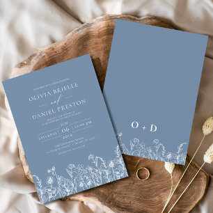 Invitation Fleur Sauvage Poussière Bleu Monogramme Botanique
