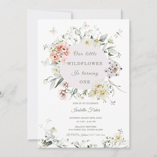 Invitation fleur sauvage première fille anniversai (Devant)