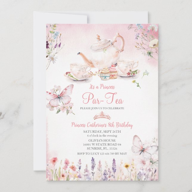 Invitation Fleur sauvage Princess ParTea Papillon rose Annive (Devant)