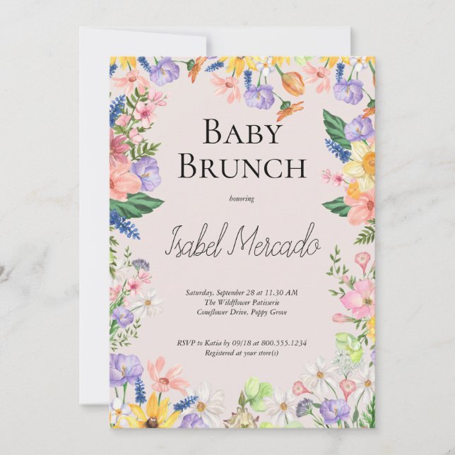 Invitation Fleur sauvage Printemps Aquarelle Bébé Brunch (Devant)