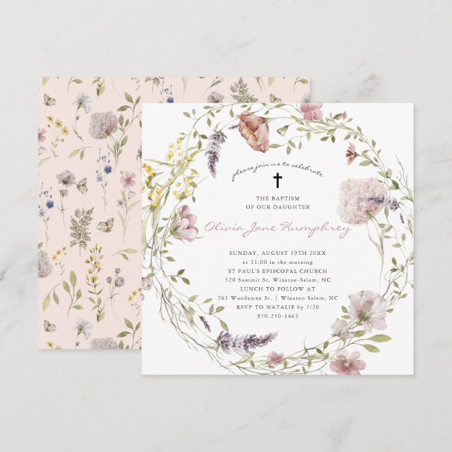 Invitation Fleur sauvage Printemps Été Floral Baptême Invitat (Devant / Derrière)