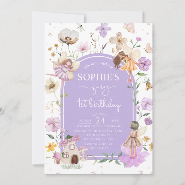 Invitation Fleur sauvage Purple Fairy 1er fête d'anniversaire (Devant)