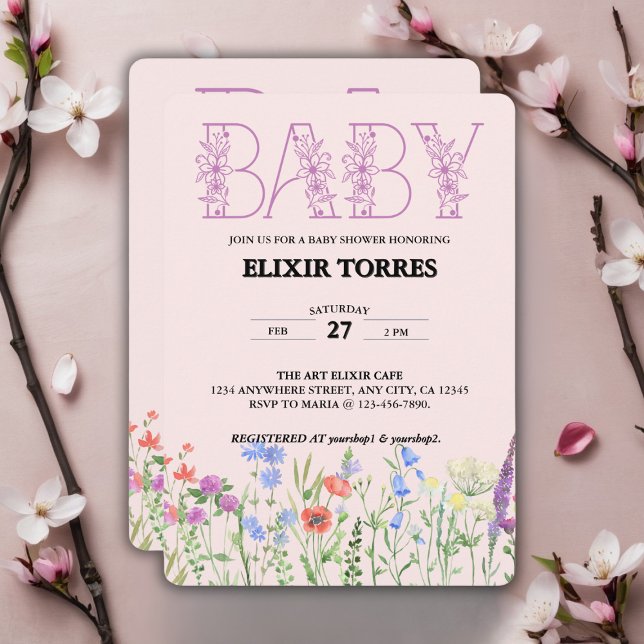 Invitation Fleur sauvage Purple Floral Baby Monogram Baby sho (Créateur téléchargé)