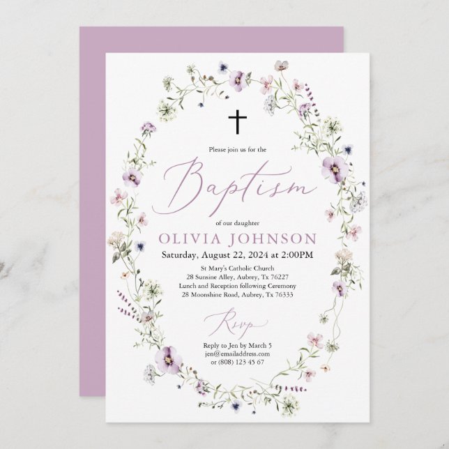 Invitation Fleur sauvage Purple Floral Girl Baptême Invitatio (Devant / Derrière)