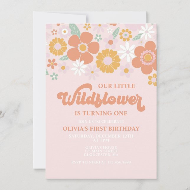 Invitation Fleur sauvage Retro Floral premier anniversaire In (Devant)