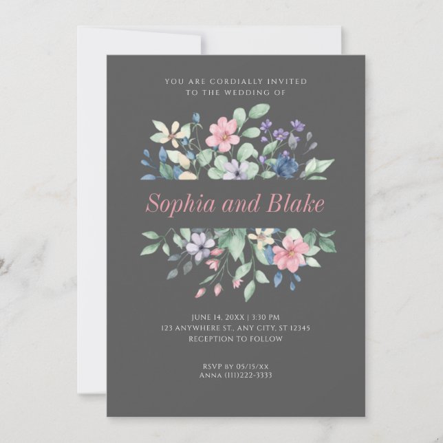 Invitation Fleur sauvage romantique moderne Mariage gris fonc (Devant)