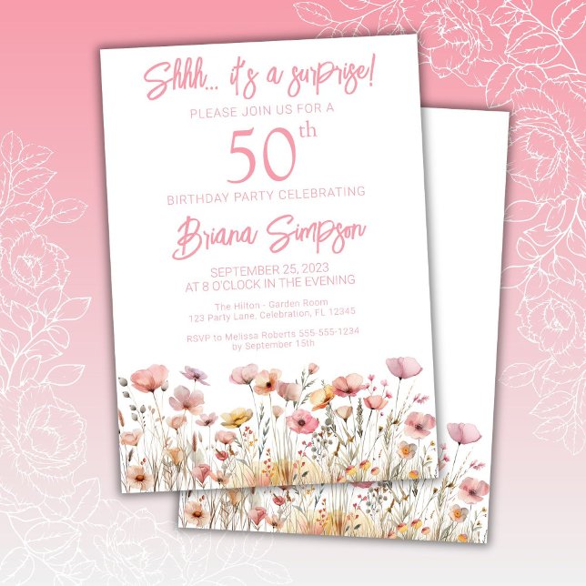 Invitation Fleur sauvage rose 50e fête d'anniversaire surpris (Créateur téléchargé)
