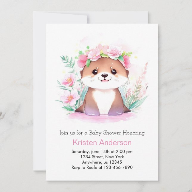Invitation Fleur sauvage rose Aventure Otter Baby shower fill (Devant)