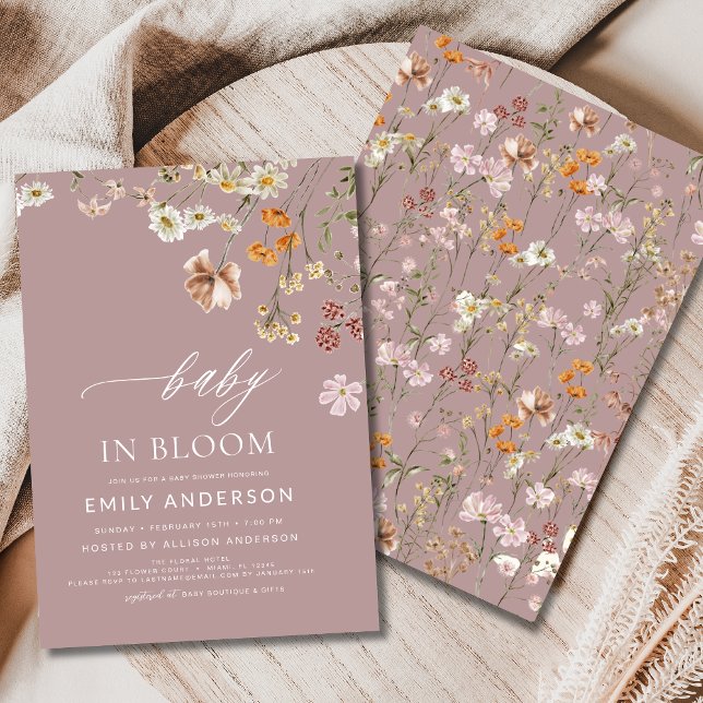 Invitation Fleur sauvage rose bébé dans le Baby shower en fle (Créateur téléchargé)
