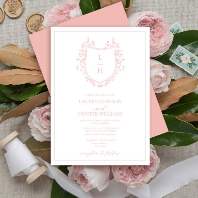 Invitation Fleur sauvage rose classique Monogram Crest Mariag (Créateur téléchargé)