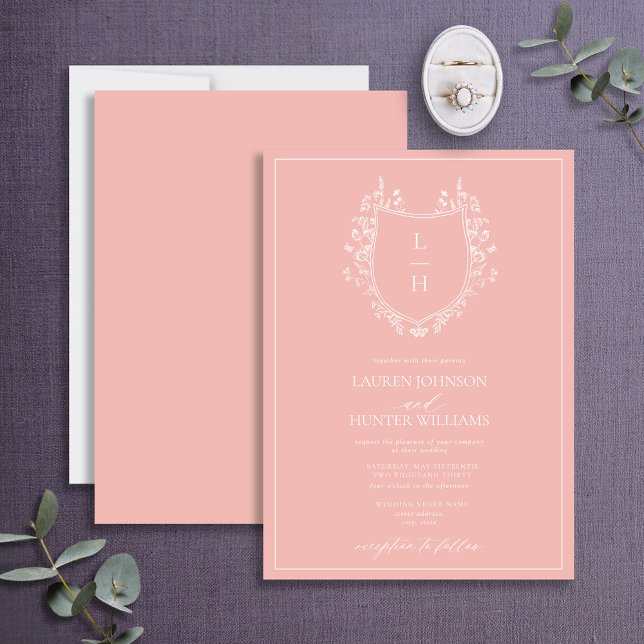 Invitation Fleur sauvage rose classique Monogram Crest Mariag (Créateur téléchargé)
