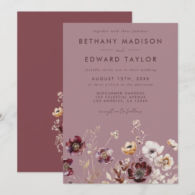 Invitation Fleur sauvage Rose Dusty (Devant / Derrière)