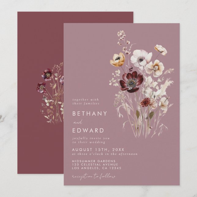 Invitation Fleur sauvage Rose Dusty (Devant / Derrière)