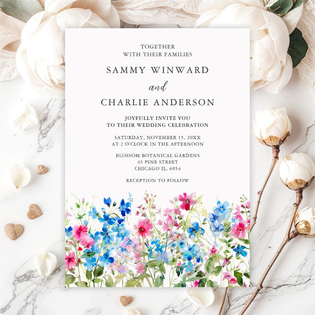 Invitation Fleur sauvage rose et bleu Mariage Floral (Créateur téléchargé)