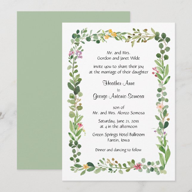 Invitation Fleur sauvage rose et jaune et Mariage vert (Devant / Derrière)