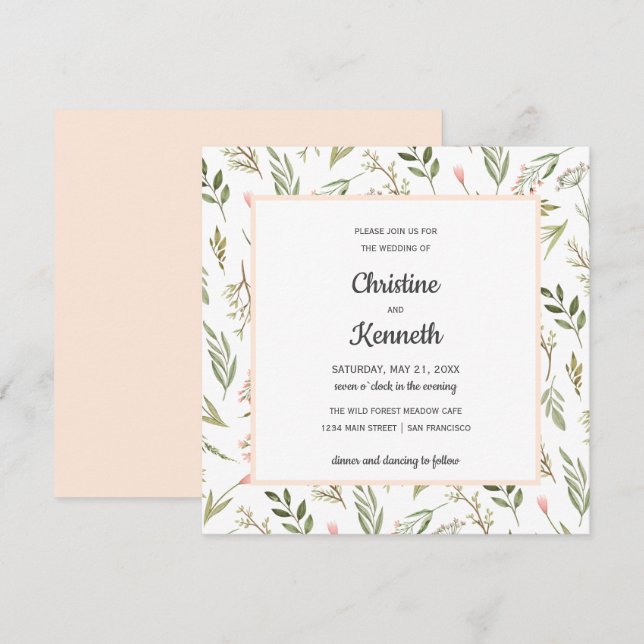 Invitation Fleur sauvage rose frais chic mariage botanique (Devant / Derrière)