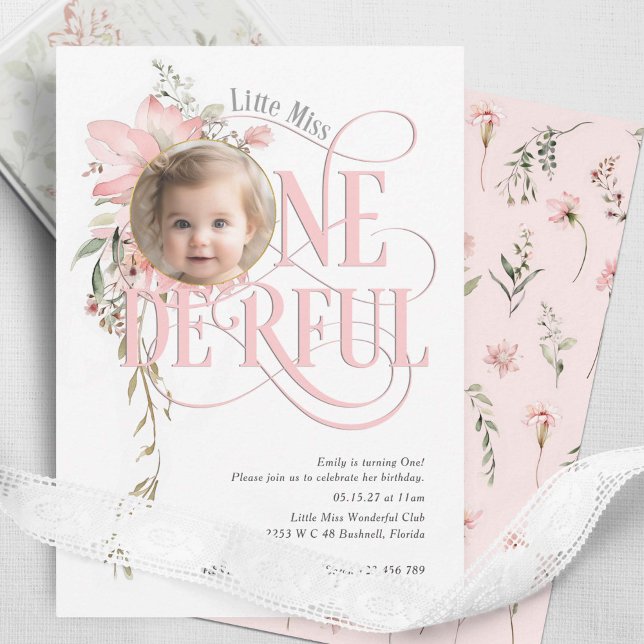 Invitation Fleur sauvage rose Miss Onederful Girl 1er anniver (Wild flower themed little miss onederland, baby girl 1st birthday invite.)