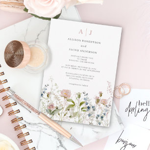 Invitation Fleur sauvage rose Monogramme Mariage Floral