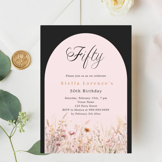 Invitation Fleur sauvage rose noir flores 50e anniversaire (Créateur téléchargé)