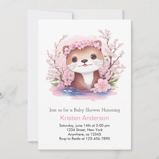 Invitation Fleur sauvage rose Otter Aventure fille Baby showe (Devant)
