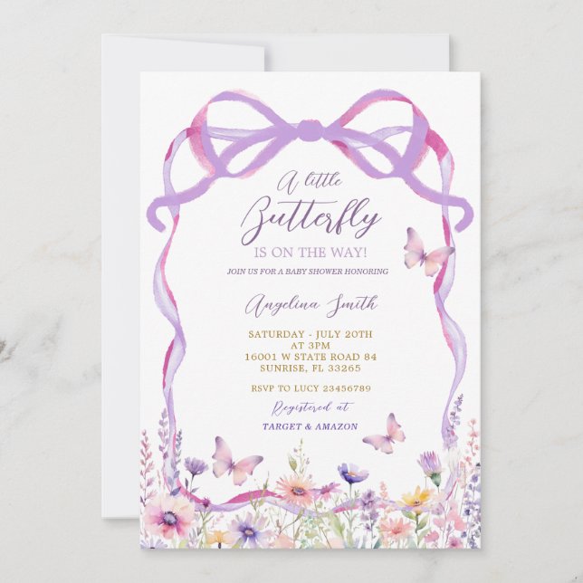 Invitation Fleur sauvage rose papillons Baby shower (Devant)