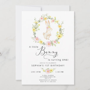 Invitation Fleur sauvage rose petit lapin 1er anniversaire