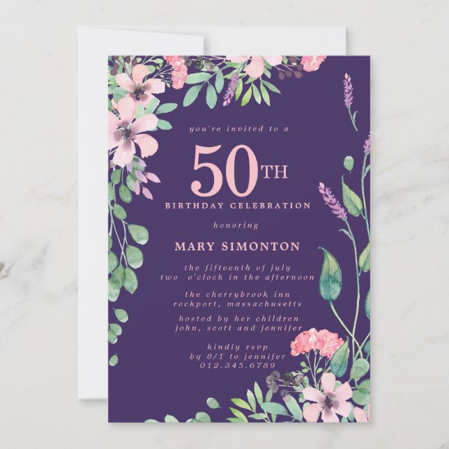 Invitation Fleur sauvage rose pourpre automne 50e anniversair (Devant)