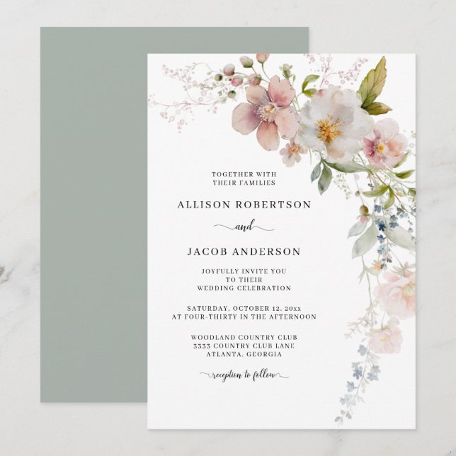 Invitation Fleur sauvage rose Sage Mariage fleuri (Devant / Derrière)