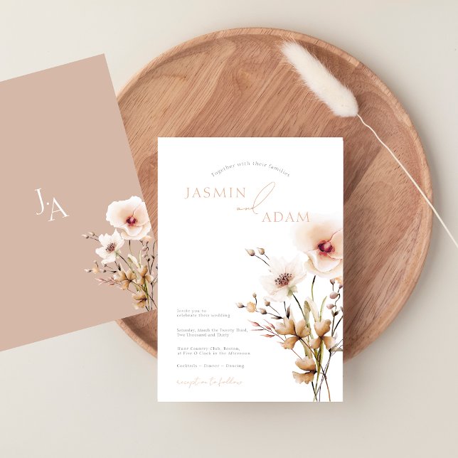 Invitation Fleur sauvage rose simple Beige Floral Mariage (Simple Pink Wildflowers Beige Floral Wedding Invitation)
