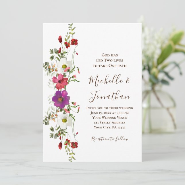 Invitation Fleur sauvage rose violet Floral Mariage chrétien (Debout devant)
