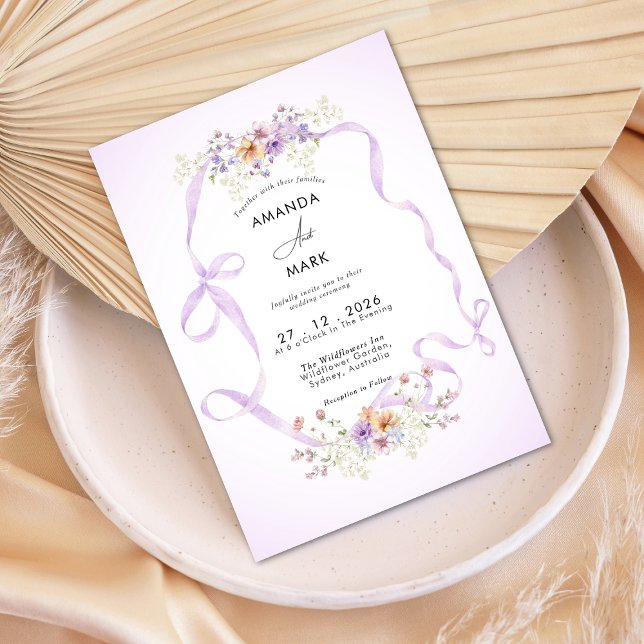 Invitation Fleur Sauvage Ruban Violet Coquette Nœud Mariage  (Créateur téléchargé)