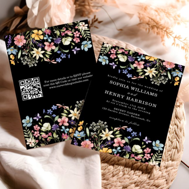 Invitation Fleur sauvage Rustic Chic Mariage noir QR Code (Créateur téléchargé)