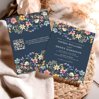 Invitation Fleur sauvage Rustic Navy Blue Mariage QR Code