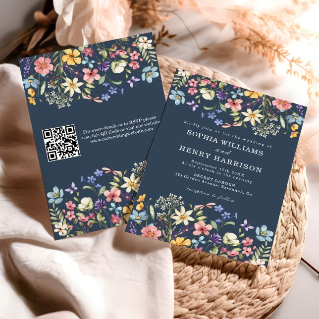 Invitation Fleur sauvage Rustic Navy Blue Mariage QR Code (Créateur téléchargé)